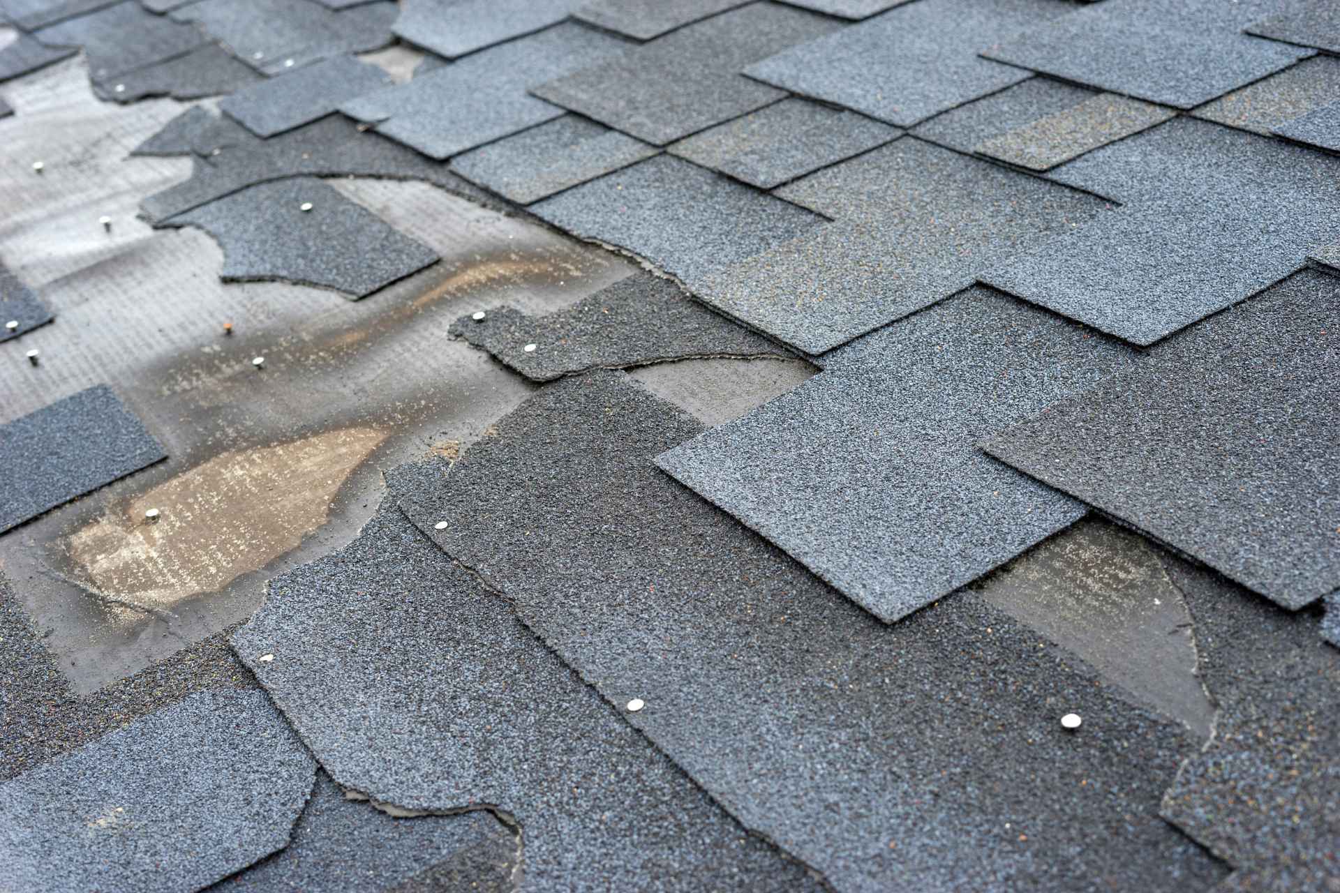 Close-up of a grey shingle roof with broken and cracked shingles showing premature degradation.